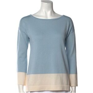 St John Collection Blue Beige Wool Silk Tight Knit Sweater Dog Show Soft Women M